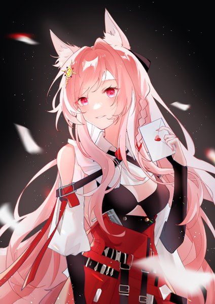 Anime picture 826x1169 with arknights pozyomka (arknights) nxsylvan single long hair tall image bare shoulders animal ears looking away pink hair cleavage upper body braid (braids) pink eyes black background side braid girl love letter