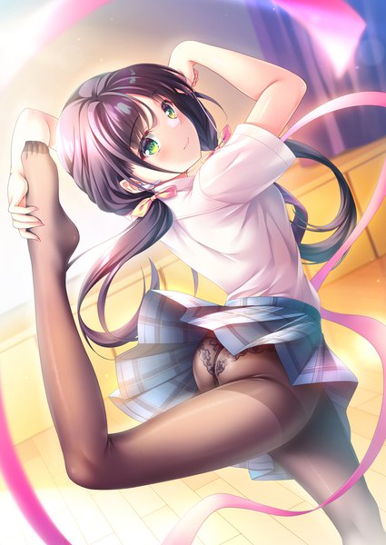 Anime picture 1062x1500 with original yuurei yashiki single long hair tall image looking at viewer blush fringe light erotic black hair standing twintails green eyes ass indoors looking back arms up short sleeves dutch angle no shoes