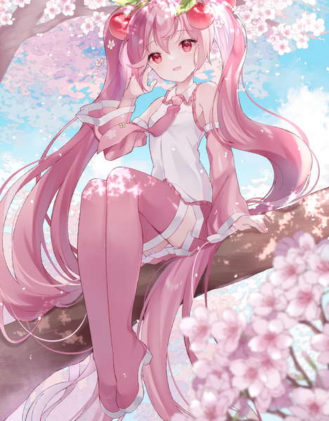 Anime picture 1000x1280 with vocaloid hatsune miku sakura miku yuni (irohasuiroiro) single tall image fringe hair between eyes sitting twintails looking away pink hair very long hair pink eyes cherry blossoms tree sitting girl flower (flowers) plant (plants) detached sleeves