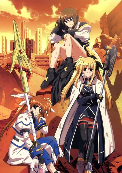 Anime picture 3000x4259 with mahou shoujo lyrical nanoha mahou shoujo lyrical nanoha strikers fate testarossa takamachi nanoha yagami hayate long hair tall image highres short hair blonde hair brown hair sitting multiple girls ponytail black eyes scan orange hair official art side ponytail ruins