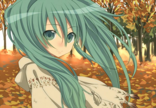 Anime picture 1800x1250 with vocaloid hatsune miku sama (artist) long hair highres green eyes green hair autumn girl plant (plants) tree (trees) poncho