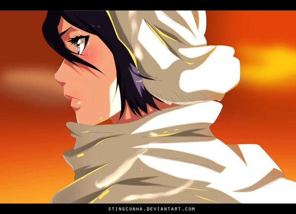 Anime picture 1831x1328 with bleach studio pierrot kuchiki rukia stingcunha single blush highres short hair black hair sky profile pink eyes coloring letterboxed close-up girl