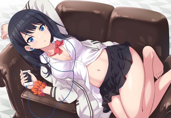 Anime picture 1920x1330 with gridman universe ssss.gridman studio trigger takarada rikka urabi (tomatohouse) single long hair looking at viewer blush fringe highres breasts blue eyes light erotic black hair simple background holding bent knee (knees) lying parted lips