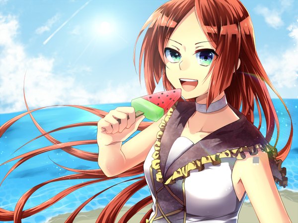 Anime picture 1500x1125 with utau namine ritsu kuga huna single long hair open mouth brown hair purple eyes bare shoulders sky eating otoko no ko dress boy food sweets sea ice cream popsicle watermelon bar