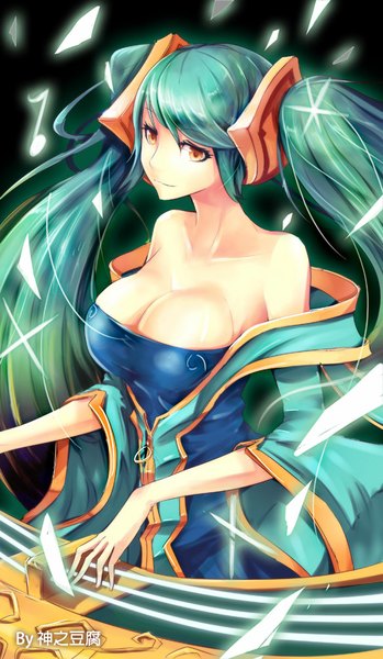 Anime picture 583x1000 with league of legends sona buvelle beanbean1988 single long hair tall image breasts light erotic simple background smile large breasts twintails bare shoulders brown eyes aqua hair girl dress