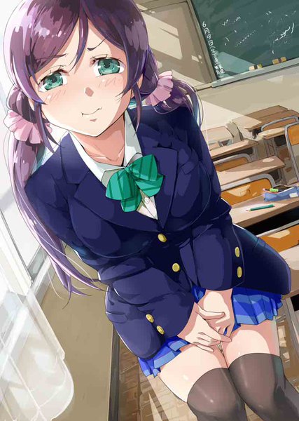 Anime picture 800x1124 with love live! school idol project sunrise (studio) love live! toujou nozomi kntrs (knyrs) single long hair tall image looking at viewer blush fringe hair between eyes sitting twintails green eyes payot purple hair pleated skirt dutch angle embarrassed