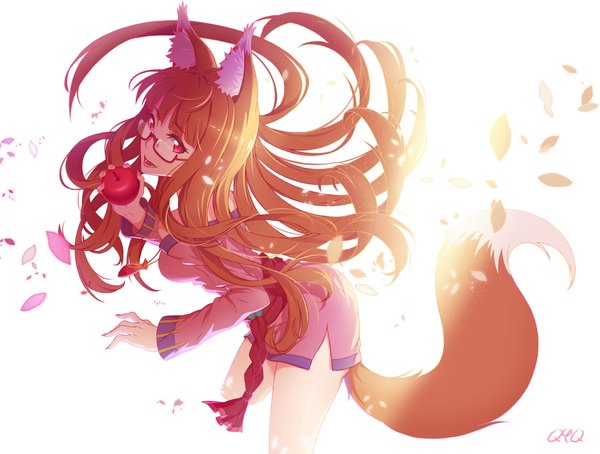 Anime picture 3752x2837 with spice and wolf horo q9q single long hair highres open mouth red eyes brown hair white background signed animal ears absurdres tail long sleeves nail polish animal tail fingernails floating hair long fingernails