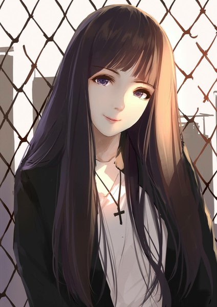 Anime picture 1000x1414 with original caidychen single long hair tall image looking at viewer fringe black hair smile standing purple eyes upper body blunt bangs head tilt lips sunlight open clothes open jacket lipstick pink lipstick