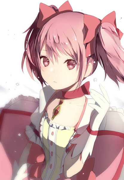 Anime picture 600x866 with mahou shoujo madoka magica shaft (studio) kaname madoka lpip single tall image looking at viewer short hair simple background white background twintails pink hair pink eyes magical girl girl dress gloves ribbon (ribbons) bow hair bow
