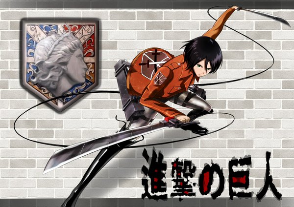 Anime picture 3507x2480 with shingeki no kyojin production i.g mikasa ackerman kissbaby single highres short hair black hair holding absurdres fighting stance dual wielding girl uniform weapon sword boots knee boots military uniform coat of arms