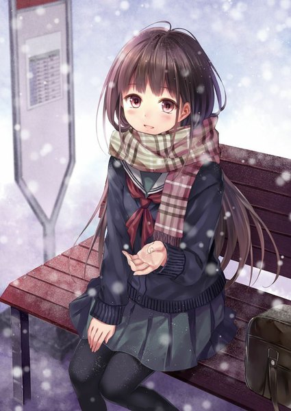 Anime picture 708x1000 with original fukahire (ruinon) single long hair tall image blush open mouth black hair red eyes from above snowing winter girl skirt uniform school uniform scarf school bag bench