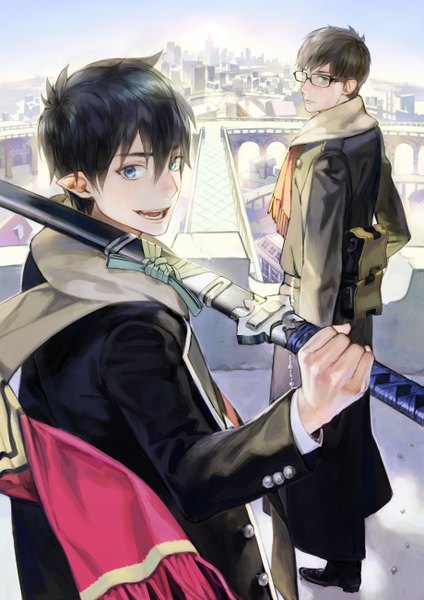 Anime picture 919x1300 with ao no exorcist a-1 pictures okumura rin okumura yukio noako (artist) tall image looking at viewer short hair open mouth blue eyes black hair looking back pointy ears multiple boys city cityscape siblings weapon over shoulder brothers boy