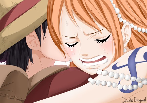 Anime picture 2385x1670 with one piece toei animation nami (one piece) monkey d. luffy claudiadragneel long hair blush fringe highres short hair open mouth black hair signed eyes closed orange hair teeth tattoo hug tears coloring