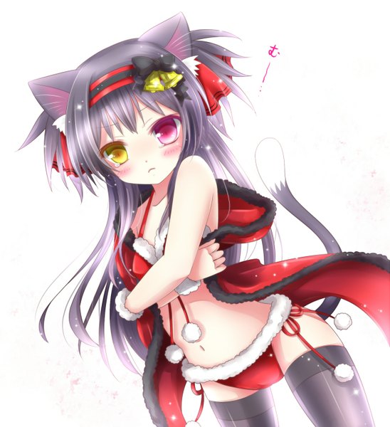 Anime picture 1280x1400 with original kuroki mashiro single long hair tall image looking at viewer blush light erotic black hair simple background standing white background animal ears tail animal tail cat ears inscription cat girl cat tail dutch angle