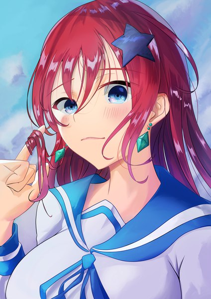 Anime picture 2479x3508 with original aikawa lotus single long hair tall image looking at viewer blush fringe highres blue eyes hair between eyes payot sky cloud (clouds) upper body outdoors red hair light smile portrait playing with hair