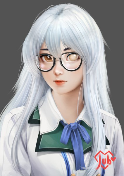 Anime-Bild 1920x2716 mit original cecilia (acerailgun) jubi (regiana) single long hair tall image looking at viewer fringe highres brown eyes yellow eyes white hair realistic grey background lipstick heterochromia portrait expressionless bespectacled borrowed character