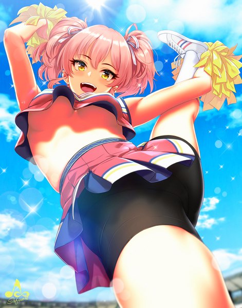 Anime picture 1257x1600 with idolmaster idolmaster cinderella girls jougasaki mika infinote single tall image looking at viewer blush fringe short hair breasts open mouth light erotic smile hair between eyes standing twintails signed yellow eyes pink hair