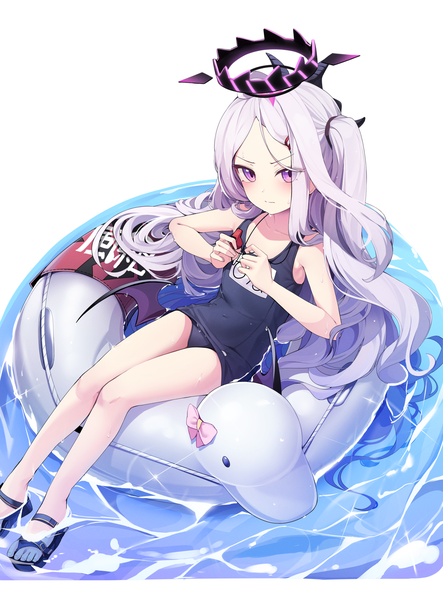 Anime picture 1378x1865 with blue archive hina (blue archive) hina (swimsuit) (blue archive) ddangbi single long hair tall image looking at viewer blush light erotic simple background white background sitting purple eyes holding silver hair horn (horns) from above wet one side up