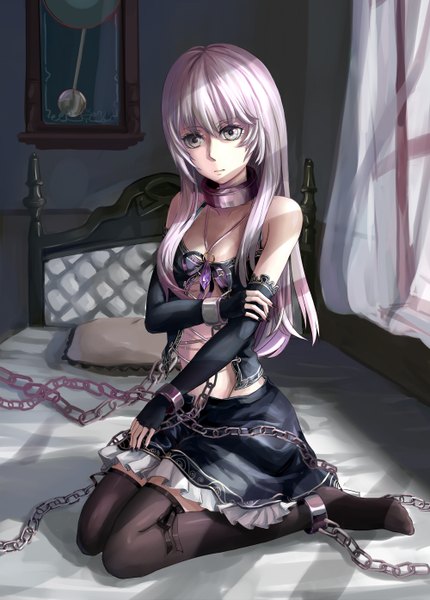 Anime picture 1000x1395 with original mr.dark single long hair tall image looking at viewer light erotic bare shoulders white hair grey eyes girl thighhighs dress gloves black thighhighs fingerless gloves bed chain