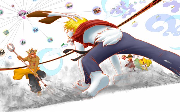 Anime picture 1680x1050 with summer wars madhouse king kazuma love machine blonde hair wide image tail from behind tattoo back dark skin battle animal vest bunny android
