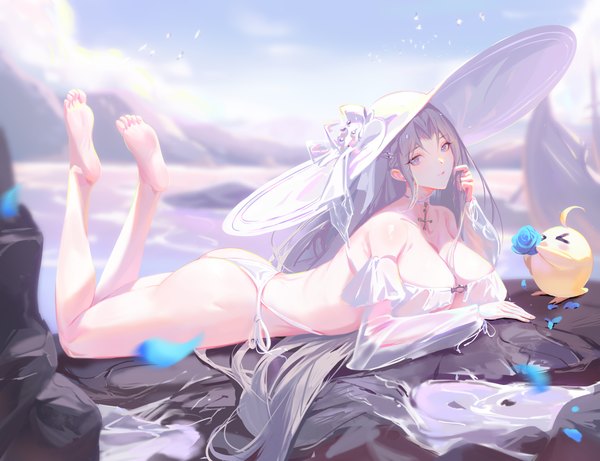 Anime picture 1350x1037 with azur lane manjuu (azur lane) yorktown (azur lane) yorktown ii (azur lane) yorktown ii (bright-sky mermaid) (azur lane) dongfangzhong111 single looking at viewer fringe breasts blue eyes light erotic payot cleavage full body outdoors ass lying very long hair barefoot