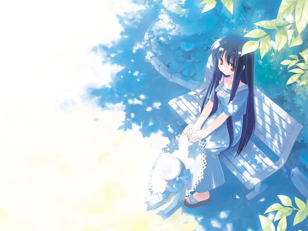 Anime picture 1280x960 with suigetsu makino nanami gayarou single long hair fringe black hair red eyes sitting holding payot looking away full body bent knee (knees) outdoors sunlight shadow short sleeves hand on knee hat removed