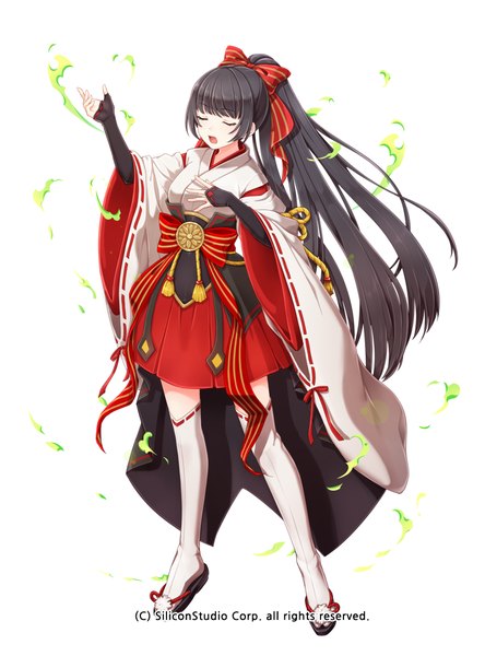 Anime picture 740x1000 with gyakushuu no fantasica millgua single long hair tall image open mouth black hair simple background white background ponytail eyes closed girl thighhighs bow hair bow white thighhighs