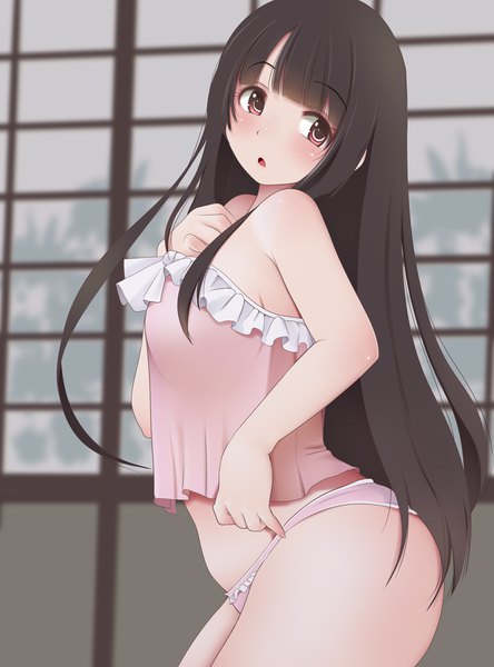 Anime picture 800x1080 with touhou houraisan kaguya kozue akari single long hair tall image blush fringe open mouth light erotic black hair red eyes standing bare shoulders looking away blunt bangs blurry :o hand on chest arched back