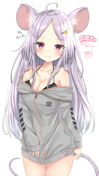 Anime picture 1143x2033 with original akino ell single long hair tall image looking at viewer blush breasts light erotic simple background white background bare shoulders signed animal ears cleavage silver hair ahoge tail long sleeves animal tail