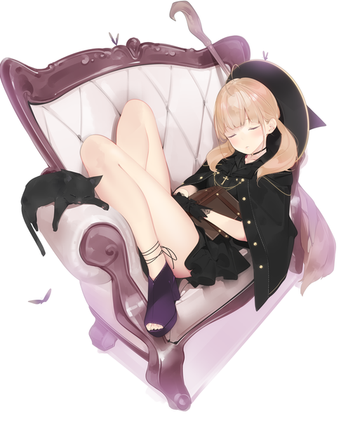 Anime picture 891x1100 with original ama mitsuki single long hair tall image blush fringe blonde hair holding bent knee (knees) lying blunt bangs eyes closed bare legs on back sleeping witch hat removed headwear removed girl