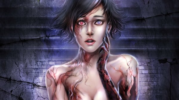 Anime picture 1366x768 with original tekkoontan single short hair open mouth light erotic black hair wide image purple eyes bare shoulders pink eyes fingernails lips realistic arm support heterochromia scar long fingernails wall barbed wire