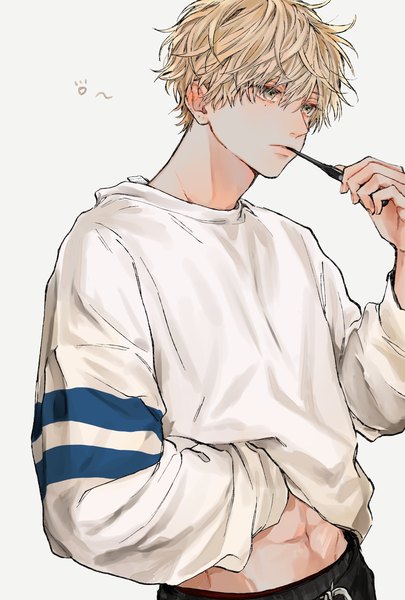 Anime picture 1974x2923 with original snnniki single tall image fringe highres short hair simple background blonde hair hair between eyes white background brown eyes looking away upper body mole mole under eye muscle abs brushing teeth boy