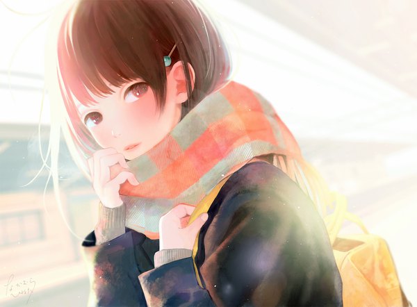 Anime picture 1500x1104 with original nakamura hinata single long hair looking at viewer blush fringe brown hair brown eyes signed payot upper body blunt bangs long sleeves parted lips sunlight sleeves past wrists girl scarf bobby pin