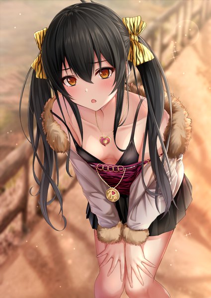 Anime picture 1032x1457 with idolmaster idolmaster cinderella girls matoba risa monaka curl single long hair tall image looking at viewer blush fringe breasts open mouth light erotic black hair hair between eyes standing twintails brown eyes payot cleavage