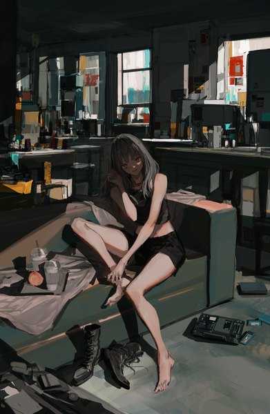 Anime picture 2500x3841 with original lm7 (op-center) single long hair tall image looking at viewer fringe highres open mouth smile sitting brown eyes indoors blunt bangs :d barefoot grey hair midriff shoes removed messy room