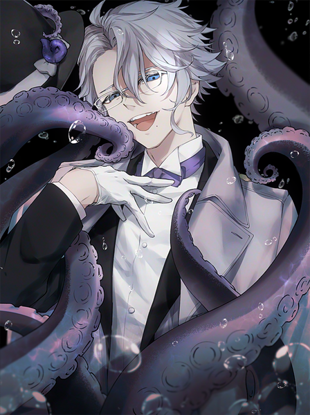 Anime picture 598x800 with twisted wonderland azul ashengrotto kamari (kama ri) single tall image looking at viewer fringe open mouth blue eyes smile hair between eyes silver hair upper body head tilt :d open clothes mole grey eyes heterochromia hand on chest