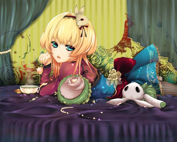 Anime picture 1214x976 with alice in wonderland alice (wonderland) short hair blue eyes blonde hair lying girl dress food sweets lollipop bunny tea