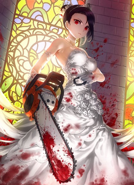 Anime picture 877x1206 with original kfr single tall image looking at viewer short hair black hair red eyes standing bare shoulders holding hair bun (hair buns) revision bloody clothes blood stains bloody weapon girl dress gloves white gloves