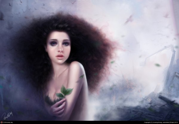 Anime picture 1500x1039 with ruoxing zhang (artist) single long hair blue eyes brown hair bare shoulders realistic ruins curly hair girl animal bird (birds) leaf (leaves)
