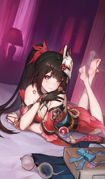 Anime picture 1340x2282 with honkai: star rail honkai (series) sparkle (honkai: star rail) le (huanglongen) single long hair tall image looking at viewer fringe breasts light erotic black hair smile bare shoulders cleavage lying blunt bangs nail polish pink eyes tattoo