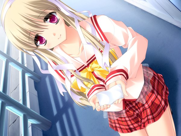 Anime picture 1024x768 with honey coming clarissa satsuki maezono long hair blonde hair game cg pink eyes girl serafuku