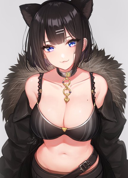 Anime picture 1470x2048 with original mairo (ilo) single tall image looking at viewer fringe short hair breasts blue eyes light erotic black hair simple background hair between eyes large breasts standing bare shoulders animal ears upper body blunt bangs head tilt