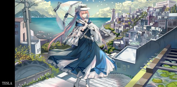 Anime picture 3000x1485 with arknights ceylon (arknights) qihai lunpo single long hair looking at viewer fringe highres open mouth smile wide image standing holding signed yellow eyes payot pink hair cloud (clouds) outdoors ponytail