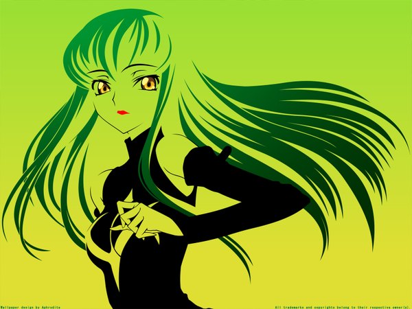 Anime picture 1600x1200 with code geass sunrise (studio) c.c. single long hair looking at viewer fringe green hair lipstick red lipstick vector green background girl