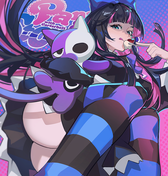 Anime picture 2200x2310 with panty & stocking with garterbelt anarchy stocking honekoneko mato-c single long hair tall image looking at viewer fringe highres light erotic black hair smile holding pink hair bent knee (knees) ass blunt bangs long sleeves multicolored hair