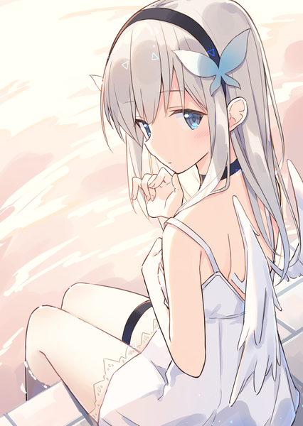 Anime picture 1476x2078 with original zoirun single long hair tall image looking at viewer blush blue eyes sitting silver hair looking back white wings soaking feet girl dress hair ornament wings choker white dress thigh strap