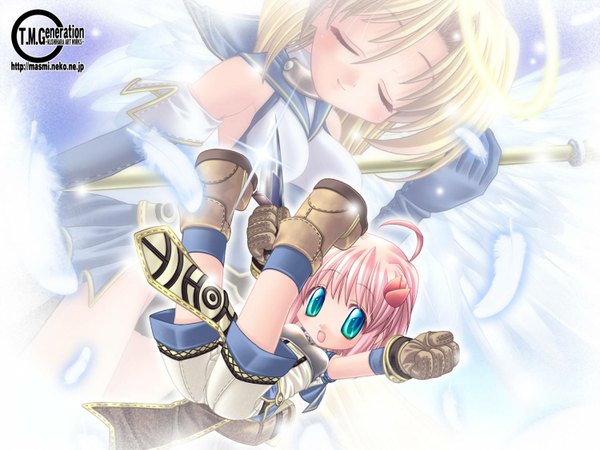 Anime picture 1500x1125 with ragnarok online ishihara masumi blue eyes blonde hair smile pink hair ahoge wallpaper jumping angel laughing hair ornament flower (flowers) knife child (children) super novice