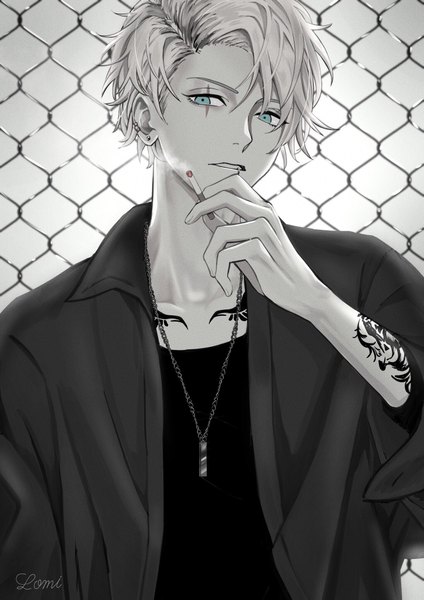 Anime picture 1447x2047 with original mi_lomi single tall image looking at viewer fringe blue eyes holding signed parted lips arm up grey hair hair over one eye tattoo piercing monochrome ear piercing scar smoke boy