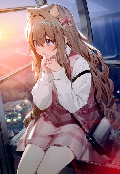 Anime picture 2414x3481 with original nyum single long hair tall image blush fringe highres open mouth blue eyes smile hair between eyes brown hair sitting animal ears looking away long sleeves :d sunlight cat ears