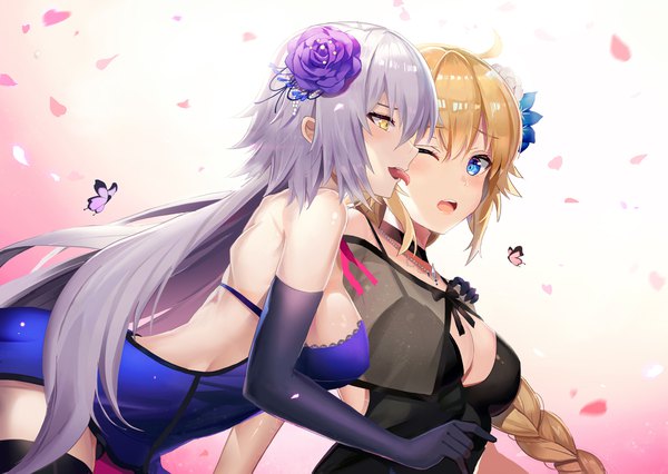 Anime picture 2000x1421 with fate (series) fate/grand order jeanne d'arc (fate) (all) jeanne d'arc alter (fate) jeanne d'arc (formal dress) (fate) l.bou long hair blush fringe highres breasts open mouth blue eyes light erotic simple background blonde hair hair between eyes large breasts standing multiple girls
